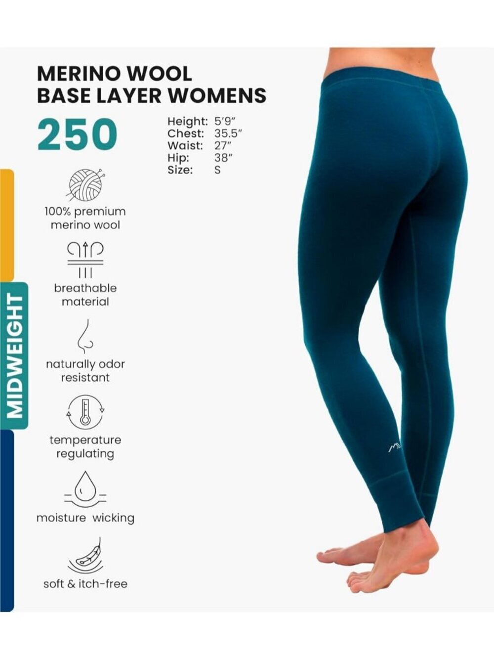 Women's Deep Teal Pants 100% Merino Wool Leggings Pull On Heavyweight Midweight - Picture 2 of 6